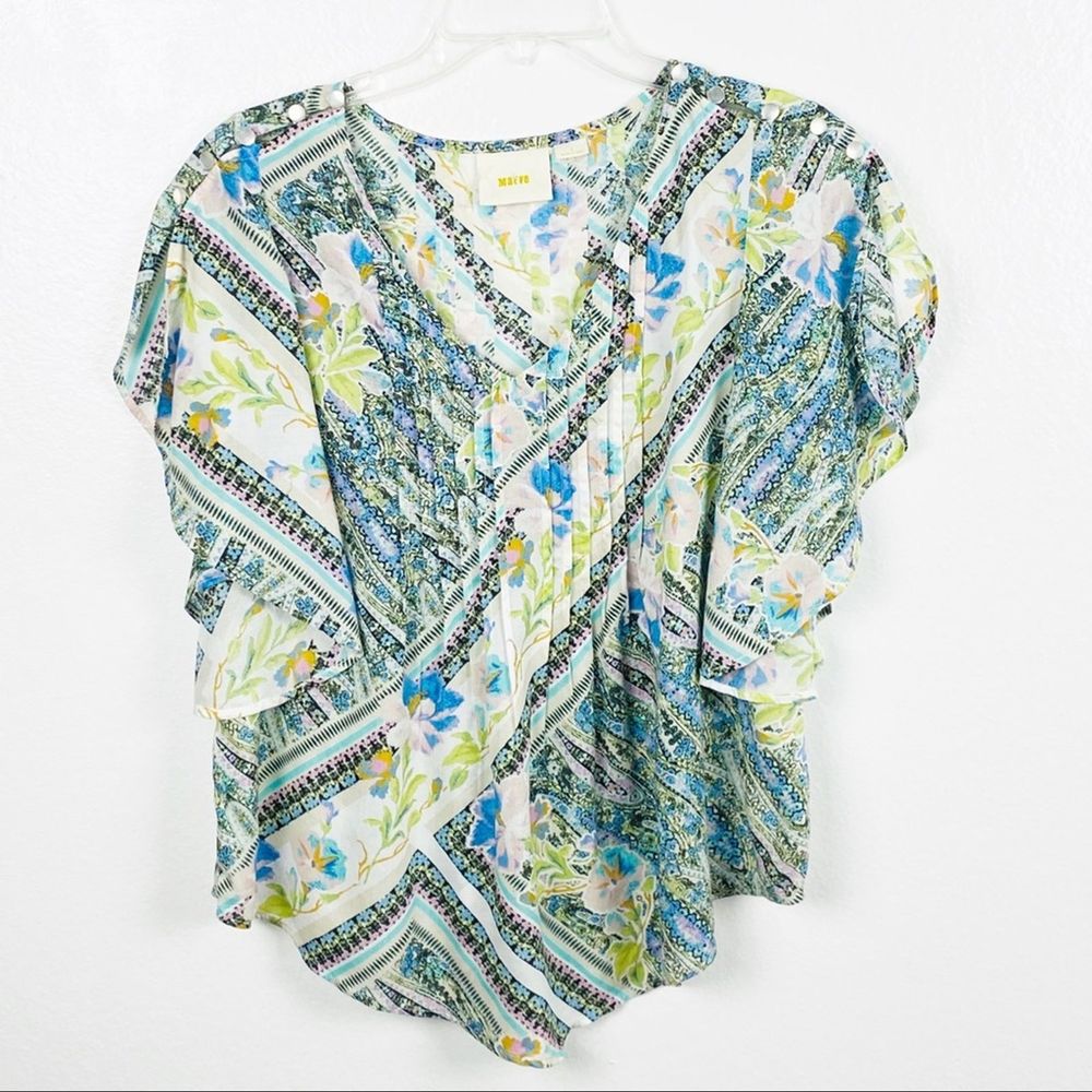 ANTHROPOLOGIE Maeve Pleated Bat Sleeves Top Size 2 Boho Casual Mixed Prints
